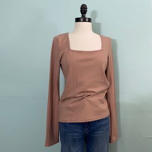 Neely Blush Pink Square Neck Ribbed Long Sleeve Top